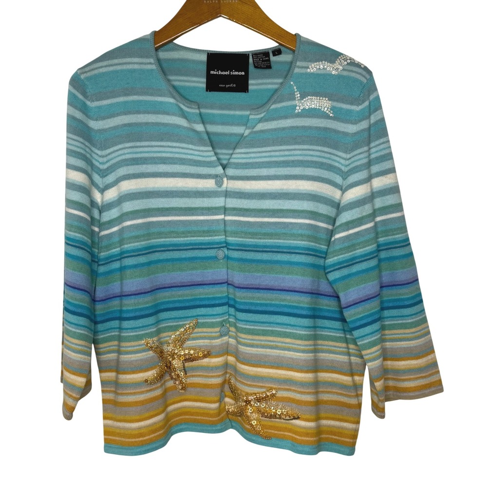 Vintage 2002 Michael Simon starfish beaded‎ striped cardigan Large
